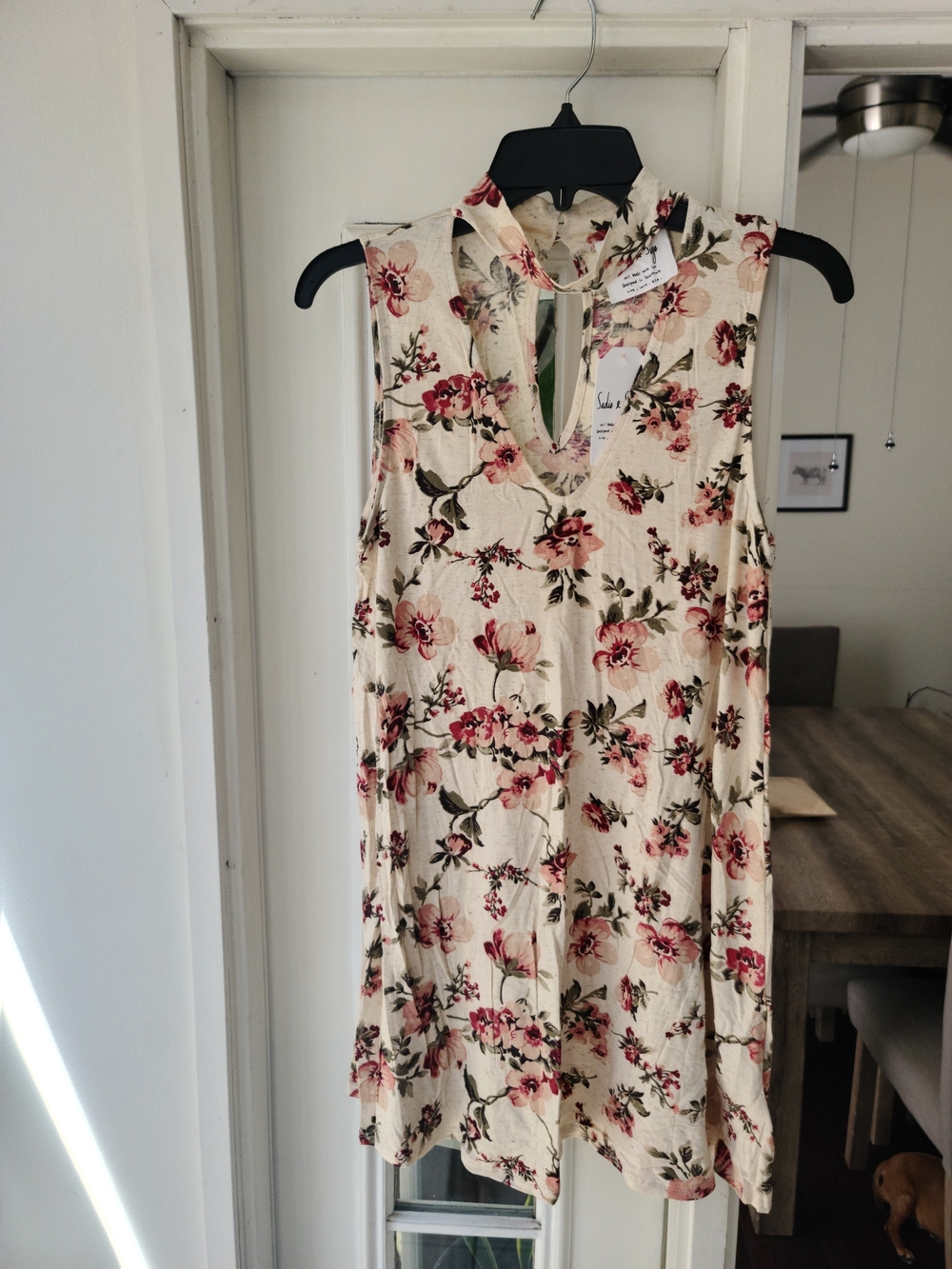 Sadie & Sage Cream Floral Sleeveless Keyhole Dress with Pink Accents